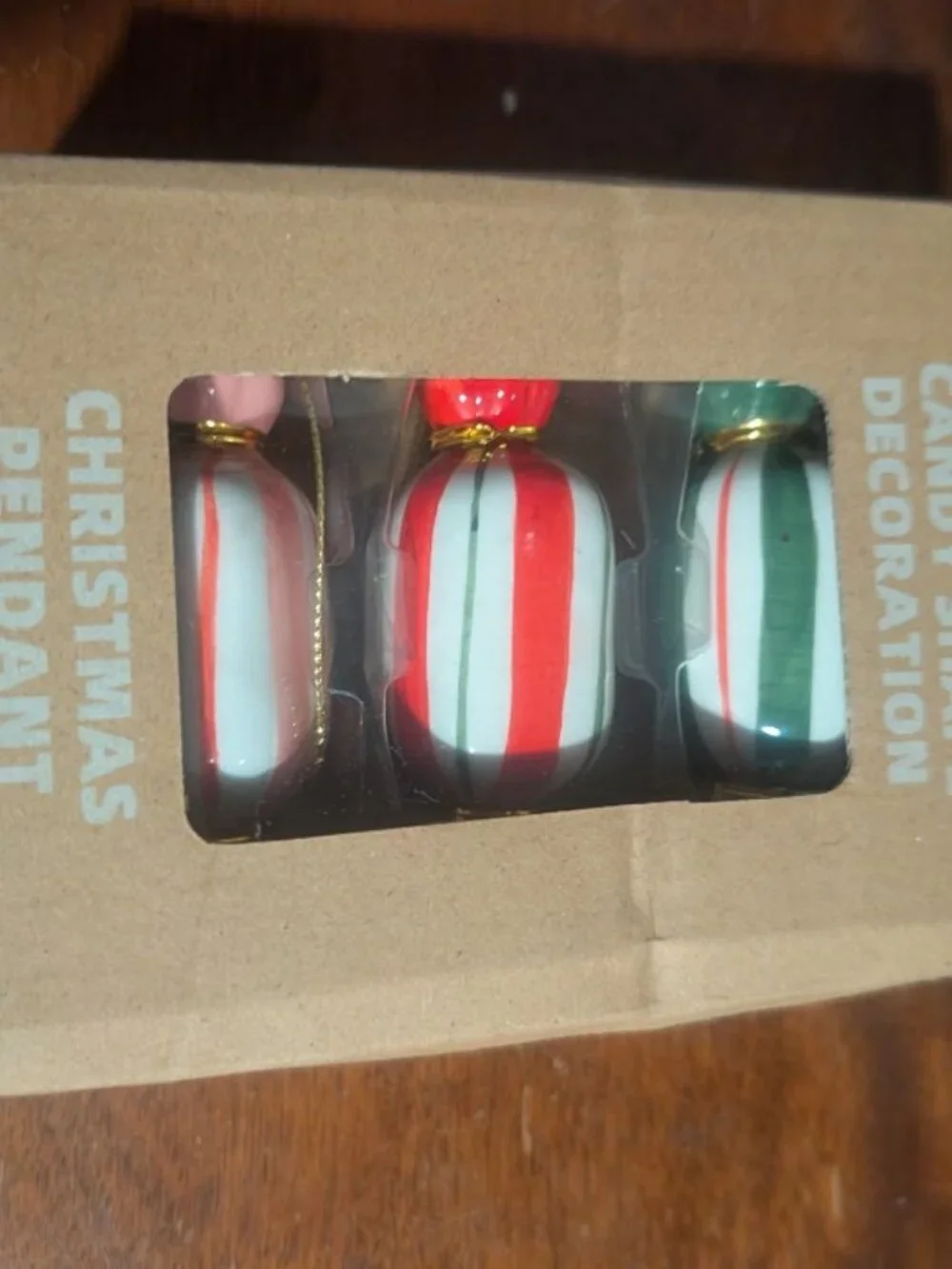 DIF DECO Ceramic Christmas Ornament Set of 3 Red Green Pink Candy